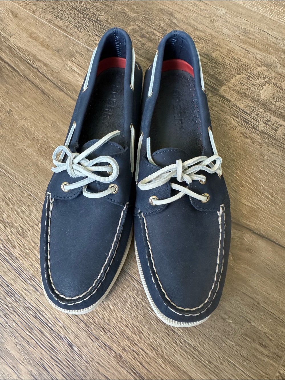 Sperry Navy Leather Boat Loafers with White Laces
